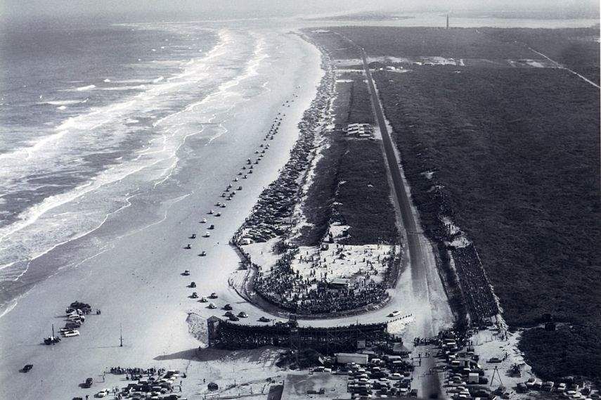 Daytona Beach Road Course aerial view, raceway history, black and white