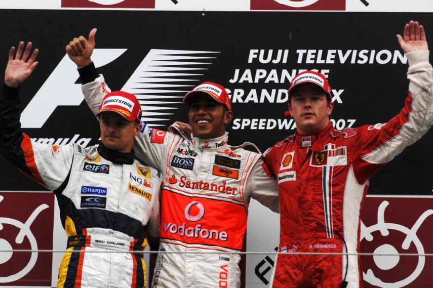 2007 Japanese Grand Prix, Fuji Speedway, Lewis Hamilton McLaren, second Heikki Kovalainen Renault, third Kimi Raikkonen Ferrari