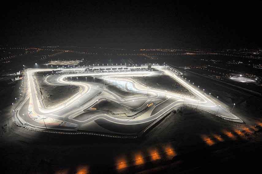 Aerial view of Bahrain International Circuit by night