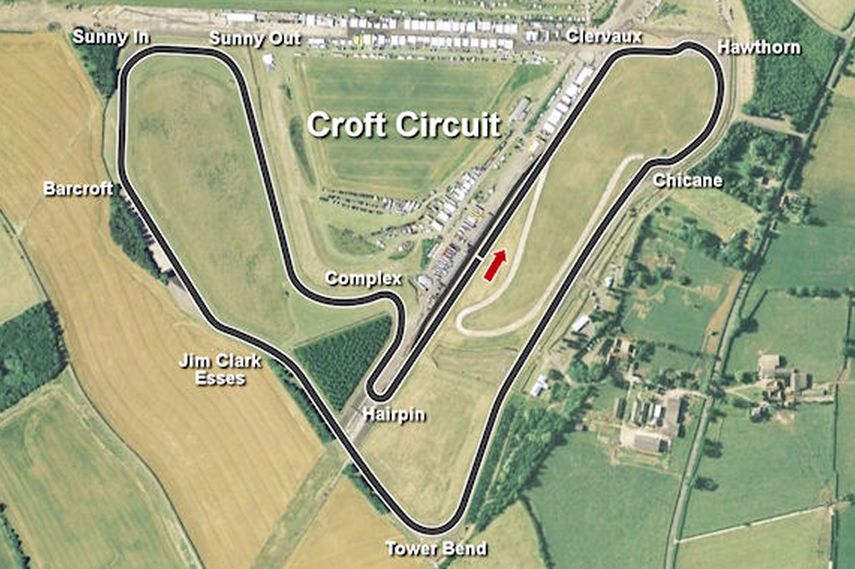 Satellite view with an outlined map of Croft Circuit Croft Circuit, 1997 map, track layout, satellite view
