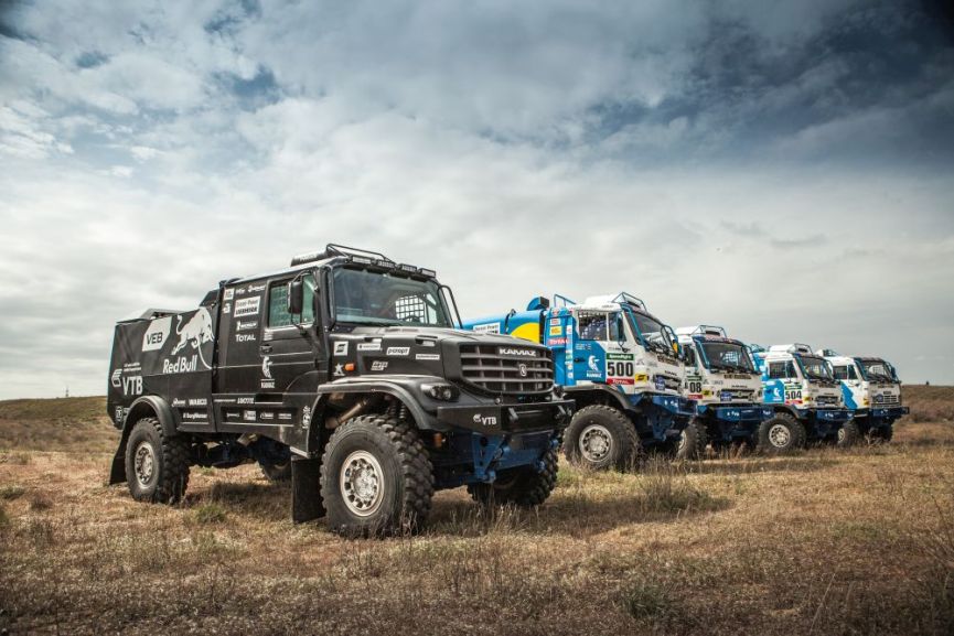 Trucks of the Team KAMAZ Master get ready prior the Kagan Gold race in Astrakhan, Russia on April 26th, 2016.