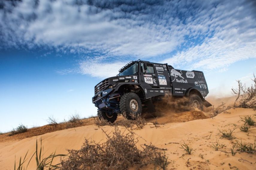 Eduard Nikolaev (driver), Vladimir Rybakov (co-driver) and Evgeny Yakovlev (co-driver) of Team KAMAZ Master races during the Kagan Gold race in Astrakhan, Russia on April 27th, 2016.