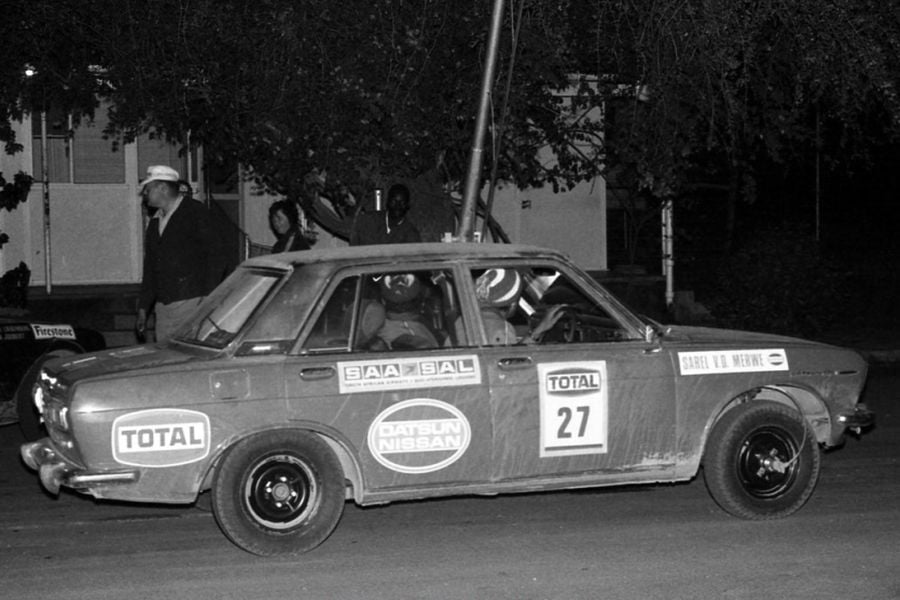 Sarel van der Merwe in a Datsun rally car early in a career