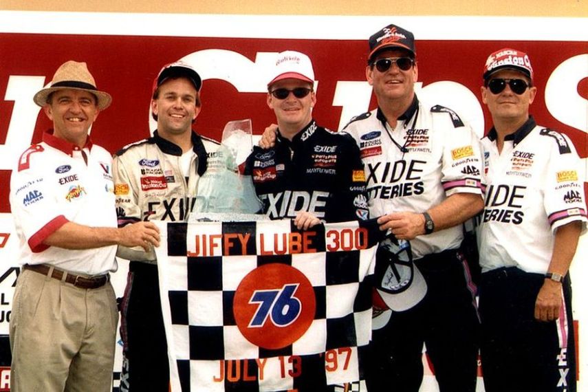 Jeff Burton (in the middle) celebrates a victory at New Hampshire Speedway in 1997