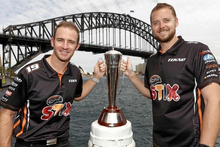 Will Davison and Jonathon Webb with Peter Brock Trophy for winning Bathurst 1000