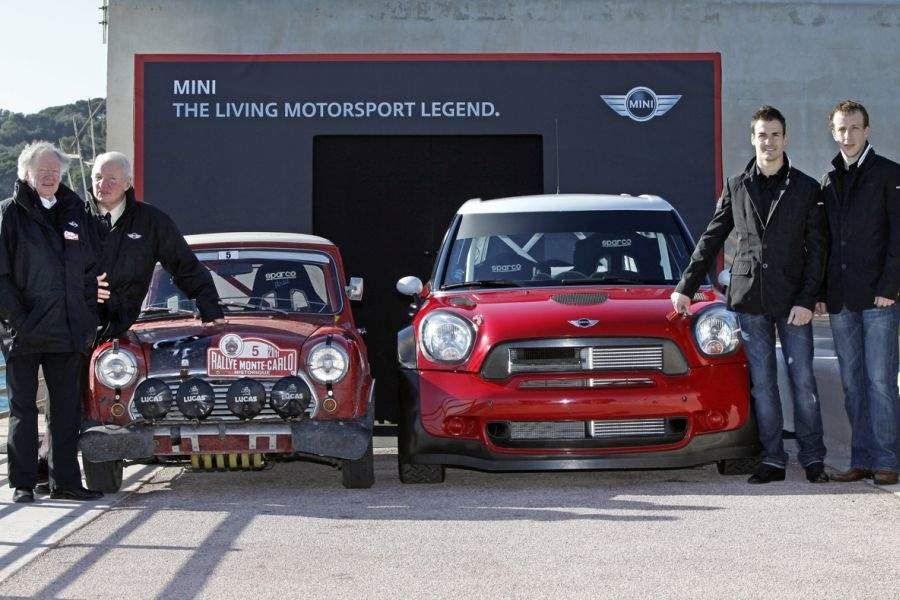 Rallye Monte Carlo winners with old Mini at the launch of new Mini WRC car