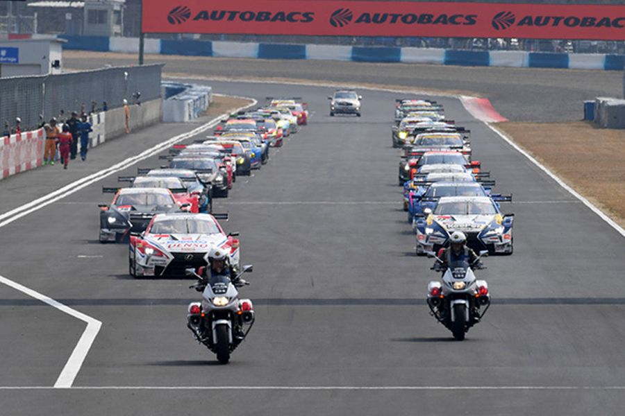 Super GT cars during the pre-season test event at Okayama