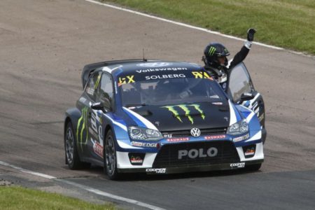 Petter Solberg celebrates victory at Lydden Hill