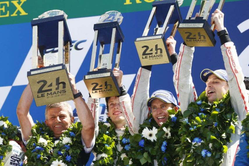 2017 24h Le Mans winners, Fritz Enzinger (Porsche Vice President LMP1), Porsche LMP Team: Brendon Hartley, Earl Bamber, Timo Bernhard