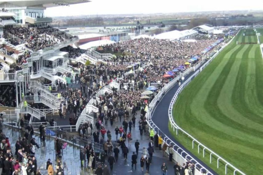 A crowd cheering, Grand National steeplechase, Aintree Racecourse