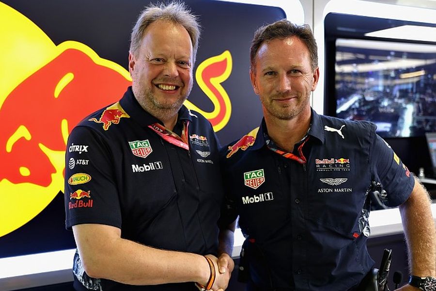 Aston Martin's Andy Palmer and Red Bull Racing's Christian Horner