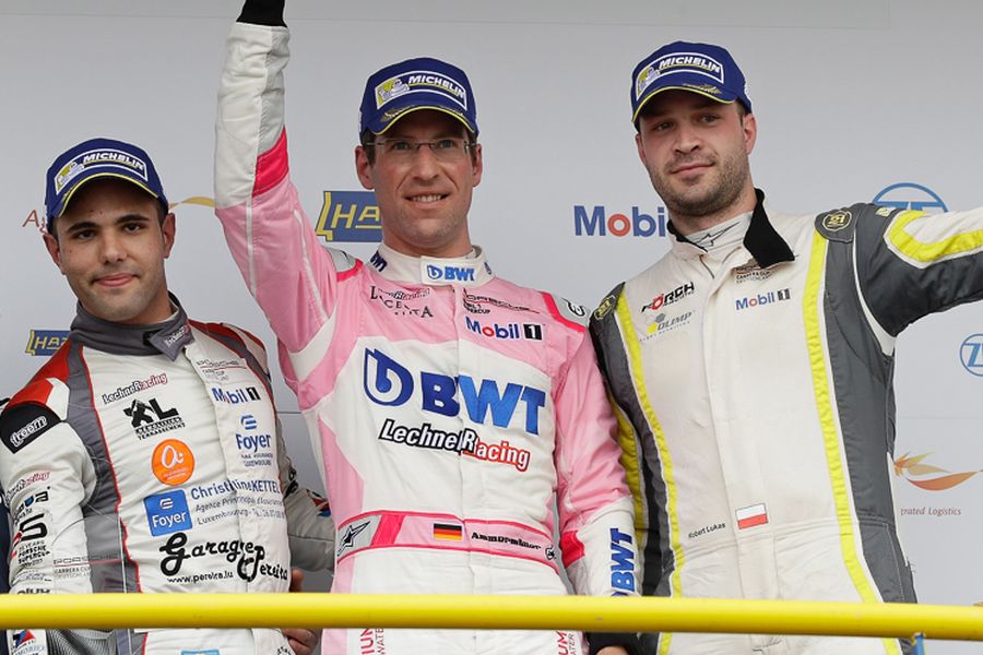 Dylan Pereira (L), Michael Ammermüller (D), Robert Lukas (PL) Porsche Carrera Cup Deutschland, Oschersleben 2018