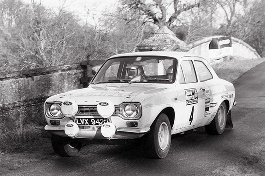 Roger Clark, #4 ,Ford Escort RS1600 MkI, RAC Rally, 1972, black and white