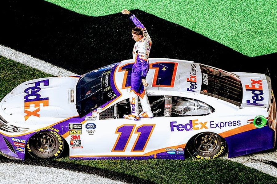 Denny Hamlin is celebrating his second win at Daytona 500