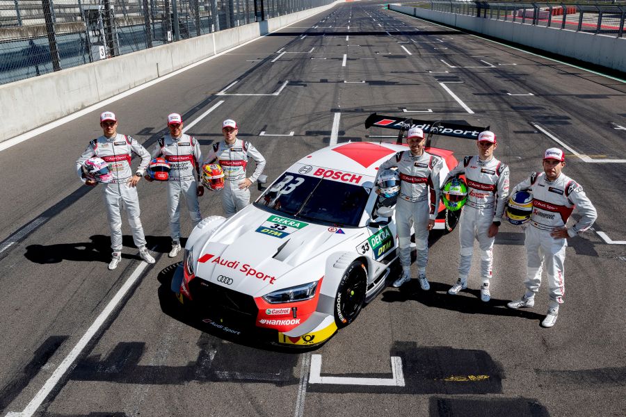 Audi DTM drivers Nico Müller, Loïc Duval, Robin Frijns, René Rast, Jamie Green and Mike Rockenfeller