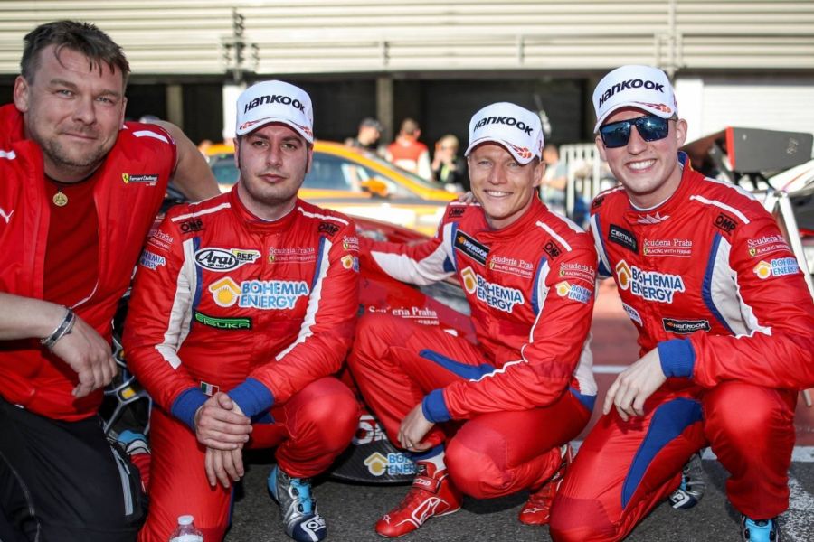 Victorious crew of the #11 Ferrari 488 GT3