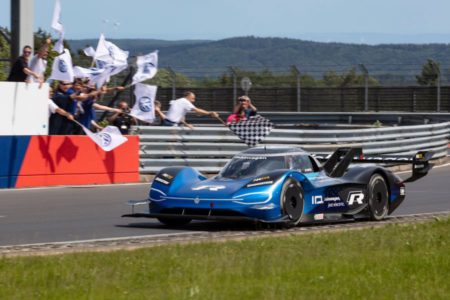 Volkswagen ID.R breaking the e-record at the Nürburgring-Nordschleife in 6:05.336 min, driver Romain Dumas