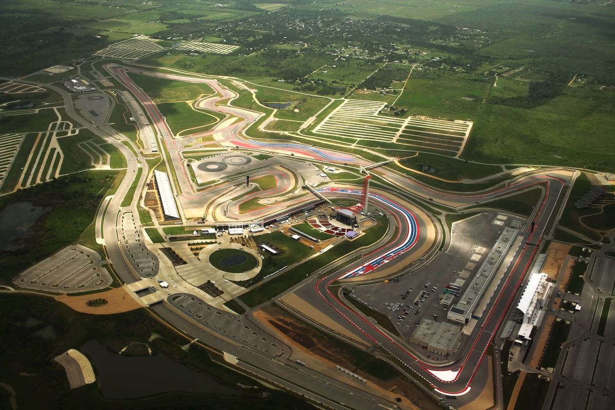 Aerial view of Circuit of the Americas road course and buildings near Austin, Texas