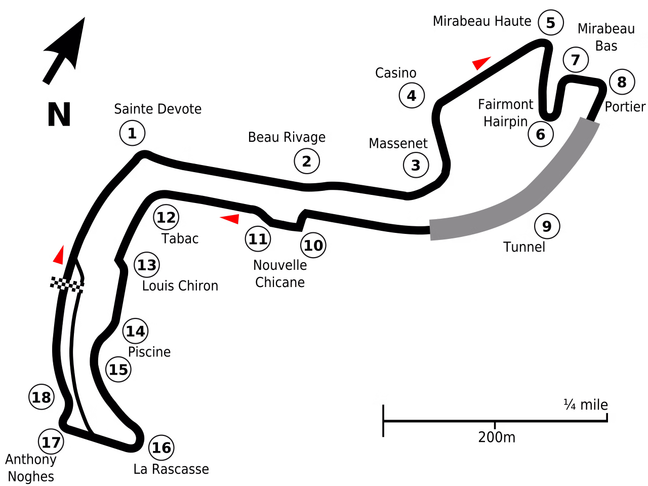 Map of the Circuit de Monaco Formula 1 street layout with corner numbers