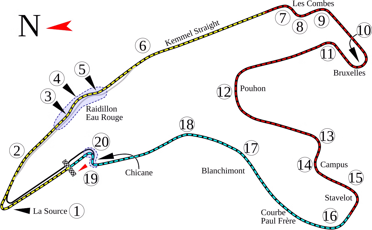 Map of the Circuit de Spa-Francorchamps Formula 1 layout with corner numbers